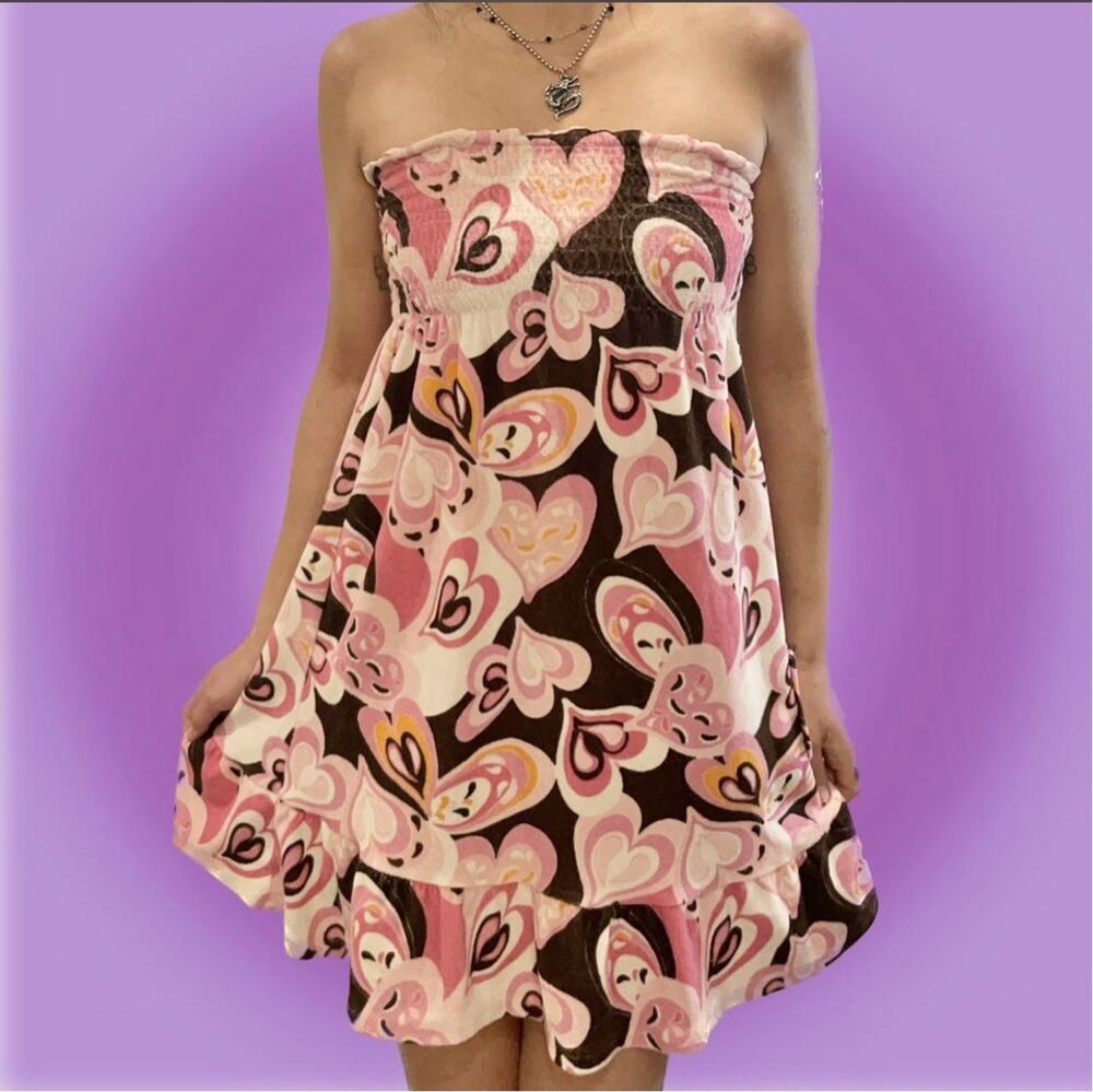 Y2K 90s Terry Cloth Tube Dress Swirl Hearts Smocked Pink Brown Cover Up Jr L